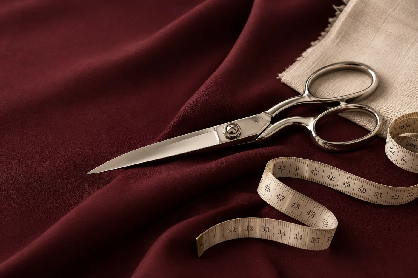Ciseaux de tailleur et mètre ruban posés sur un tissu bordeaux